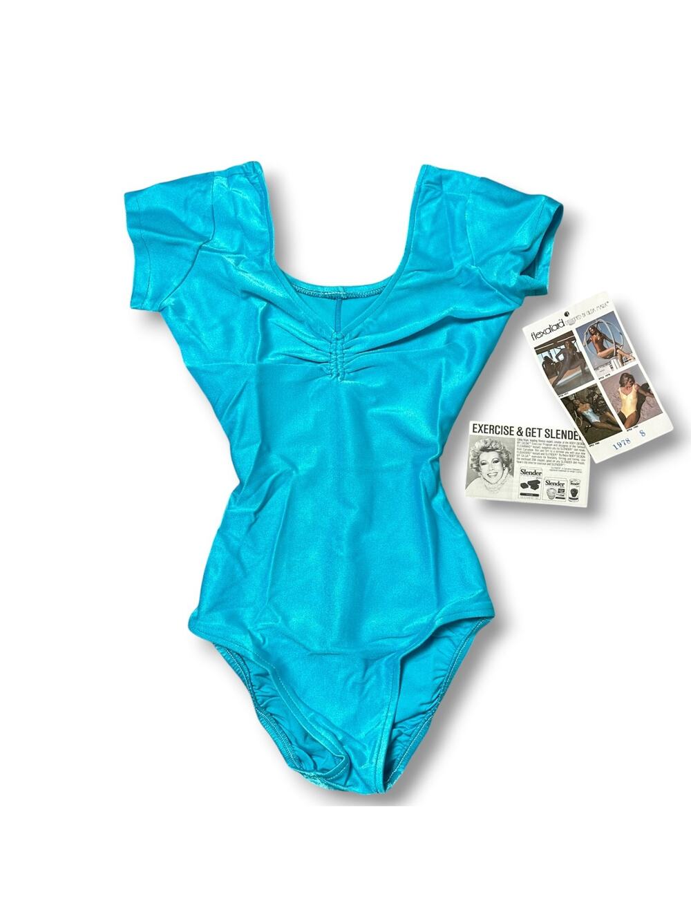 NWT Vintage 80s Flexatard GILDA MARX Turquoise Blue Spandex Leotard Ruched Sz XS